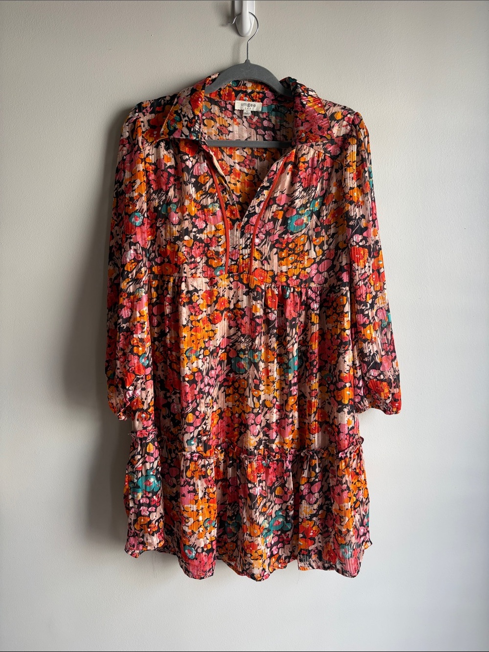 Umgee Floral Tiered Long Sleeve Dress in Pink, Orange, Teal
